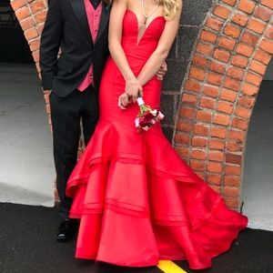 Red Jovani strapless mermaid prom dress